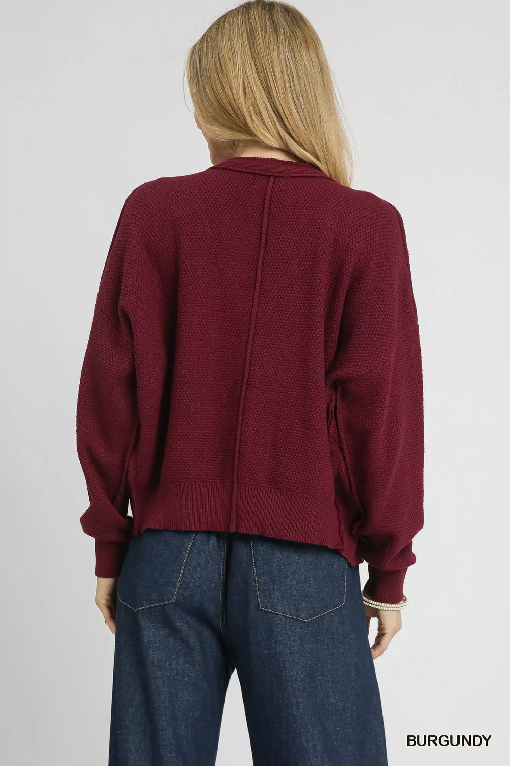 Burgundy Umgee Chunky Cable Knit V Neck Button Up Cardigan 1