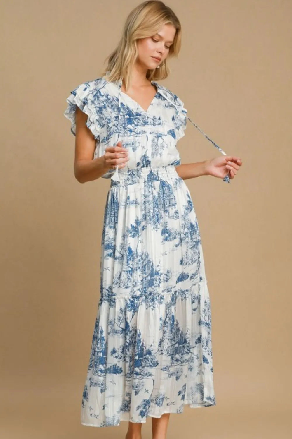 Sky Blue Umgee Full Size Two Tone Landscape Print Midi Dress Plus Size