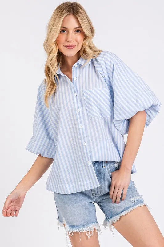 Light Blue Mittoshop Button Down Striped Puff Sleeve Shirt