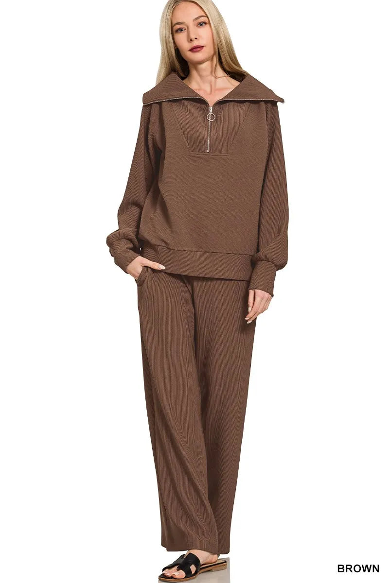 Brown Zenana Ribbed High Neck Half Zip Pullover Pants Set 2