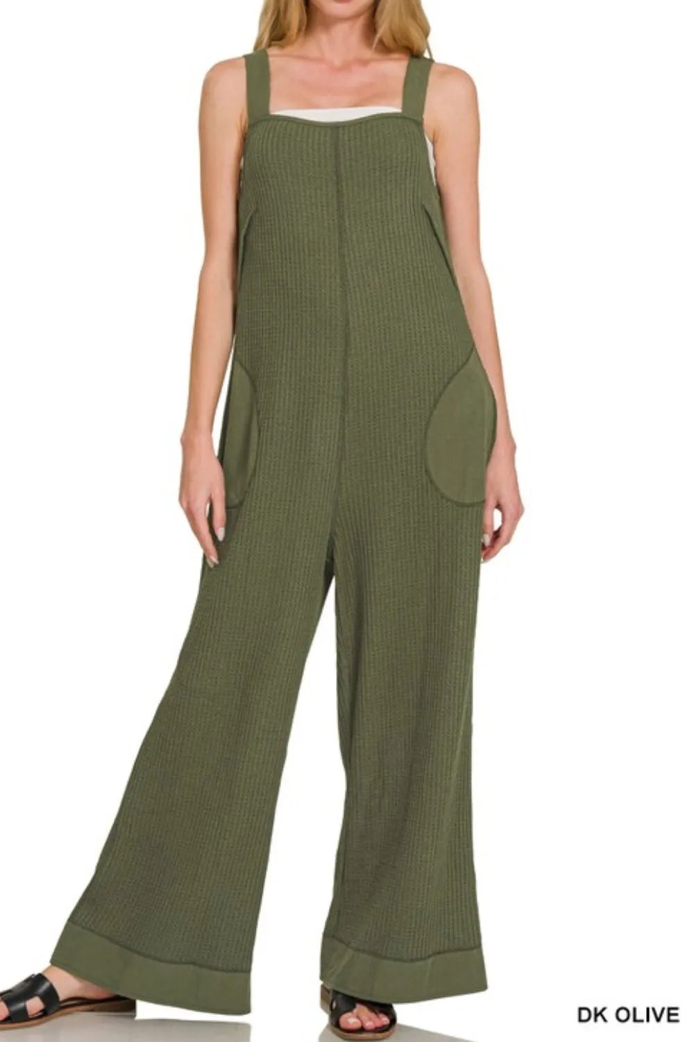 Dk Olive Zenana Knit Waffle Wide Leg Overalls 4
