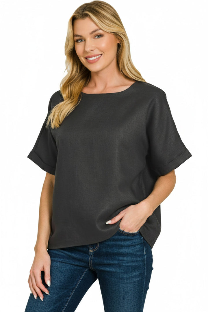 Black Zenana Linen Round Neck Cuffed Sleeve Top 4