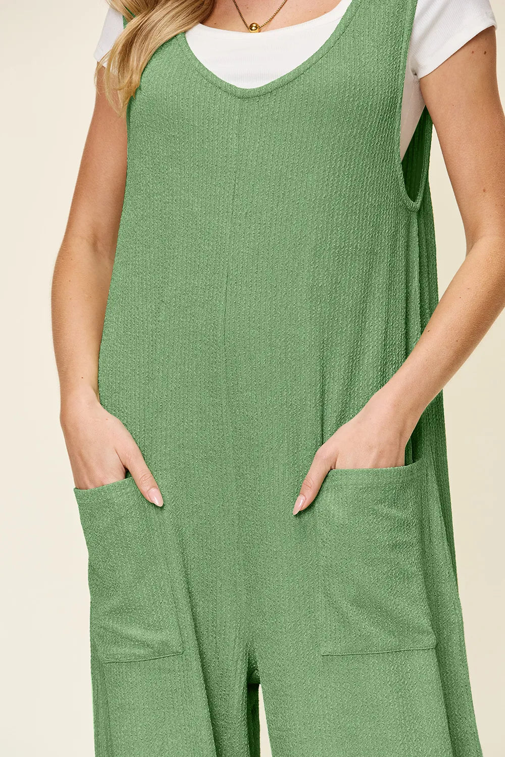 Light Green Double Take Full Size Texture Sleeveless Wide Leg Jumpsuit