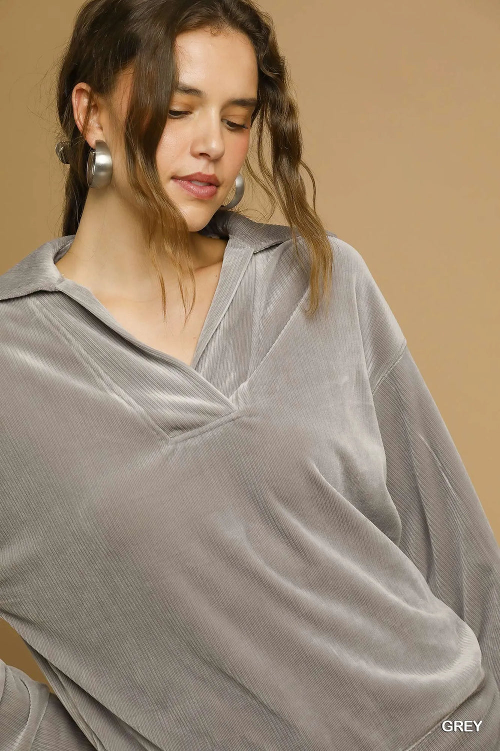 Grey Umgee Soft Thermal Collared Long Sleeve Top 1