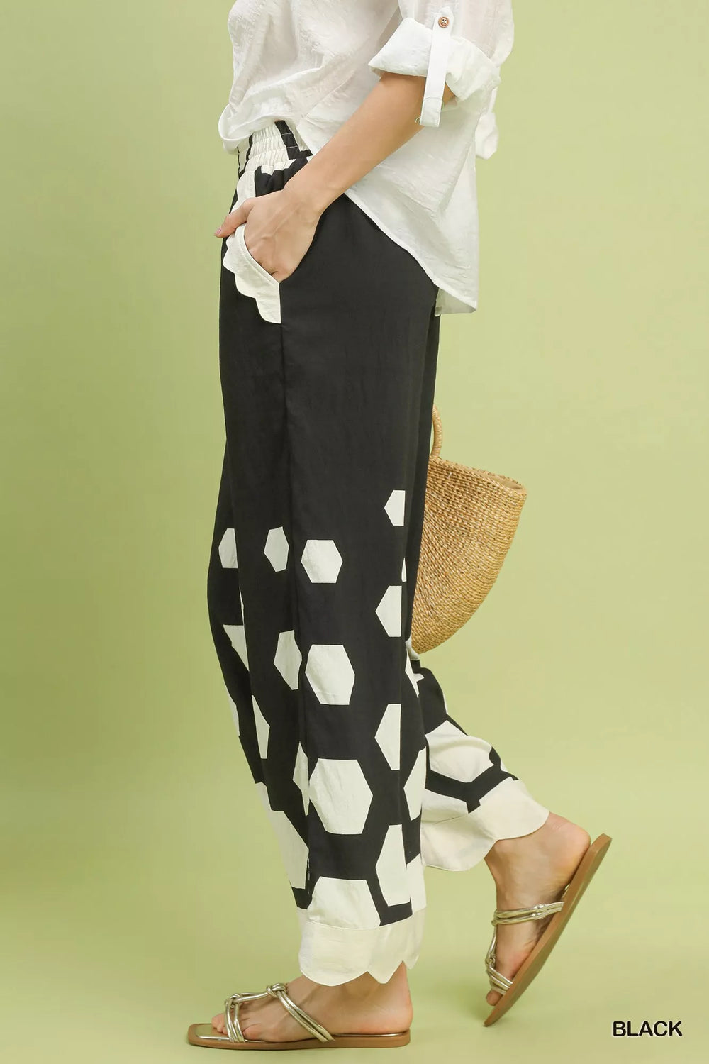 Black Umgee Hexagon Print Wide Leg Pants With Scalloped Hem