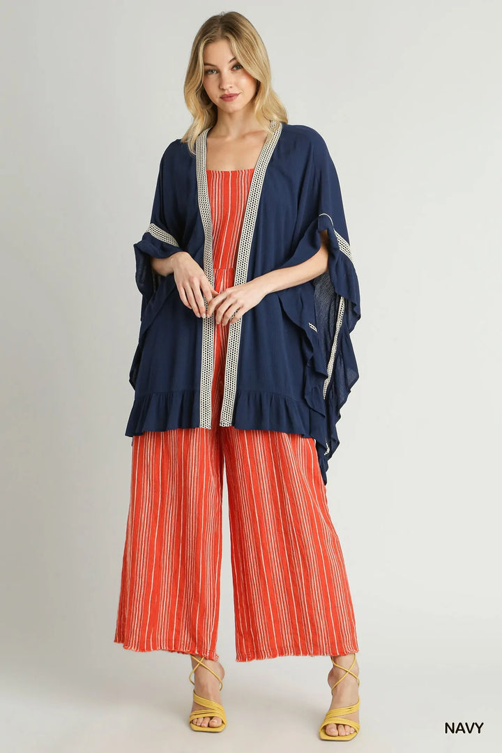 Umgee Ruffle Trim Kimono With Crochet Accent