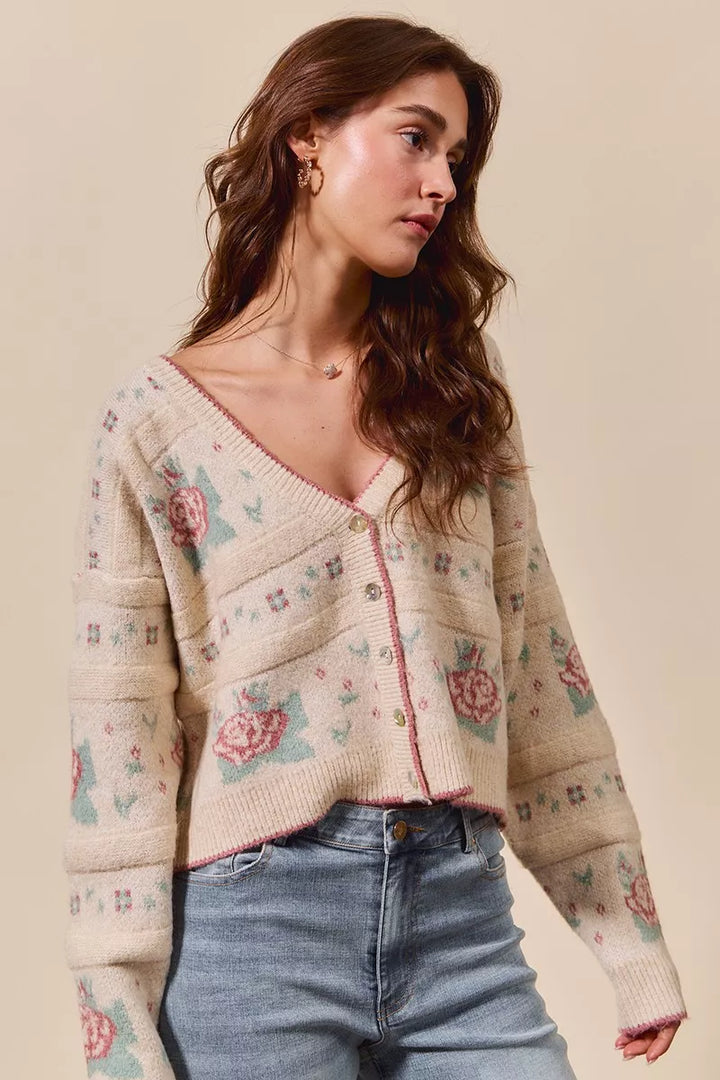 So Me Floral Pattern Long Sleeve Button Sweater Cardigan