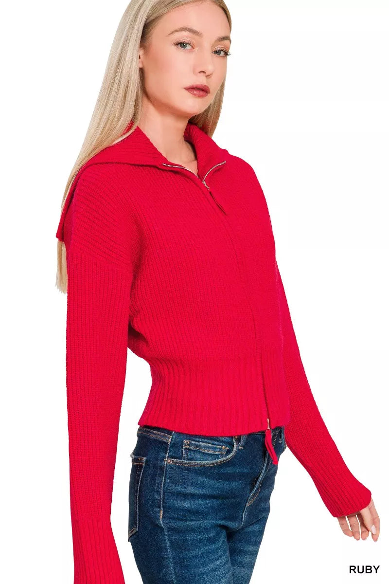 Ruby Zenana Ribbed Collared Zip Up Sweater Cardigan 1