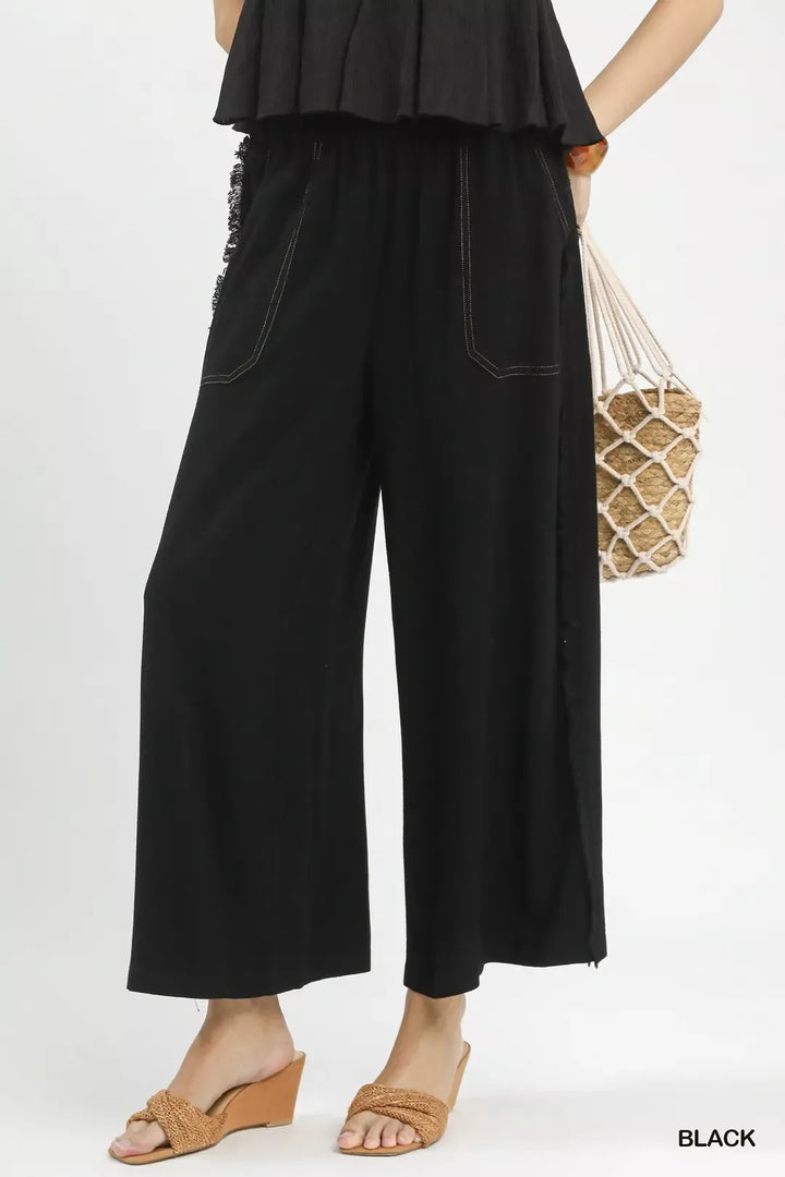 Black Linen Frayed Side Pocket Wide Leg Pants