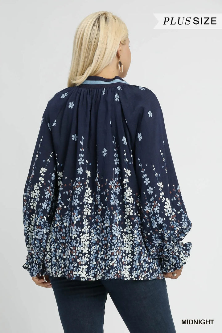 Umgee Full Size Floral Vine Print Blouse With Balloon Sleeves Plus Size 1