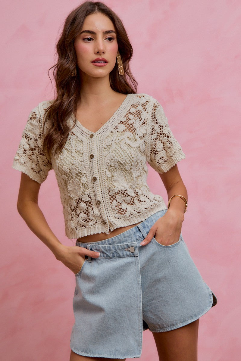 Natural So Me Floral Crochet Lace Button Down Cardigan