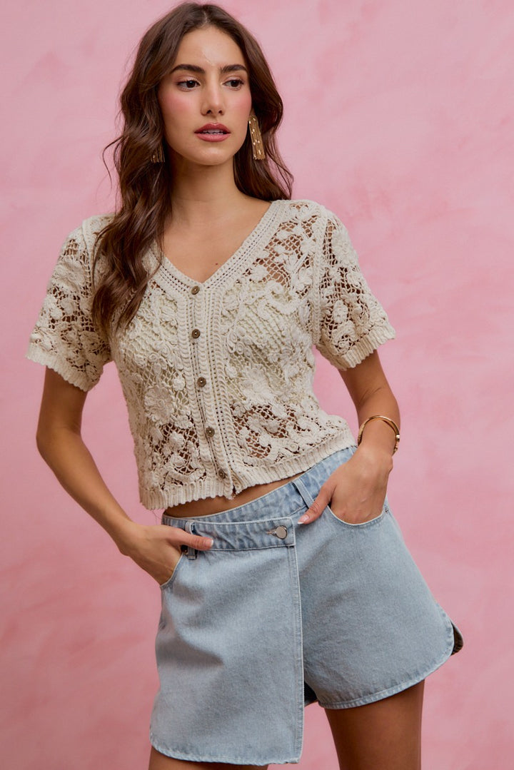 Natural So Me Floral Crochet Lace Button Down Cardigan