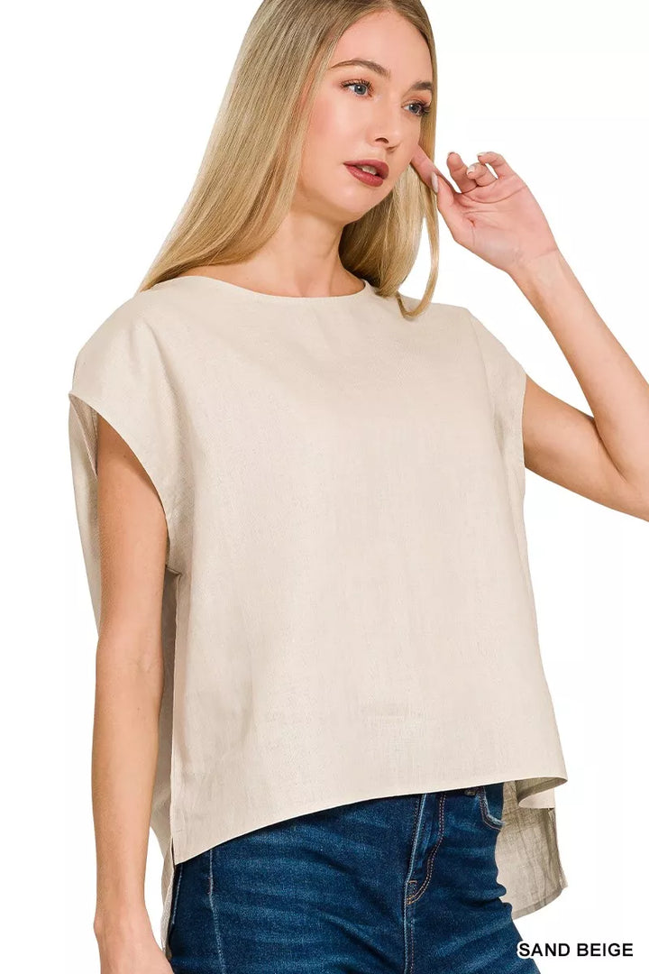 Sand Beige Zenana Linen Round Neck Cap Sleeve Top 2