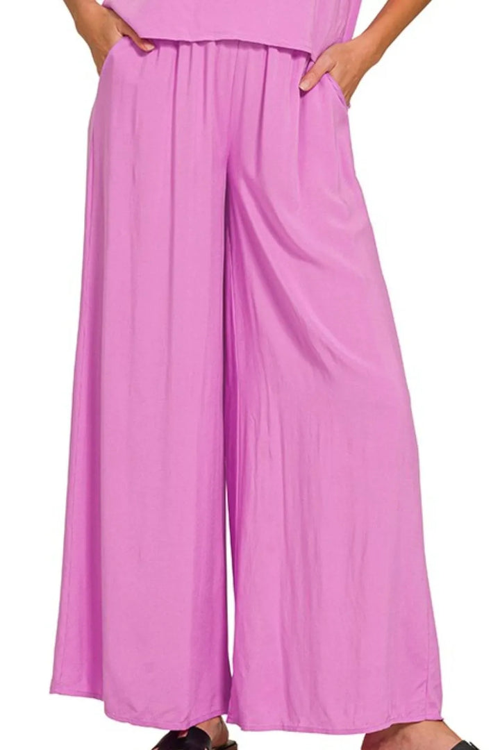 Bright Mauve Zenana Round Neck T Shirt And Wide Leg Pants Set 3
