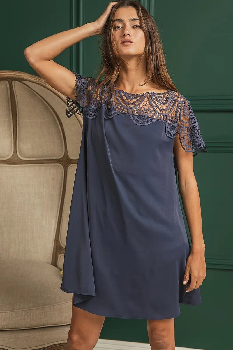 Deep Navy Bibi Crochet Lace Yoke Detailed Wrinkled Dress 2