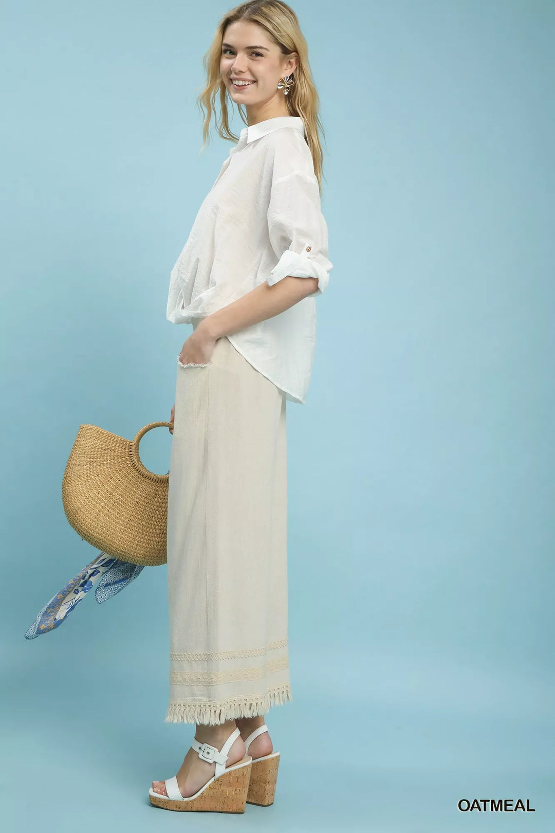 Oatmeal Umgee Lace Trim Fringe Hem Wide Leg Pants 1