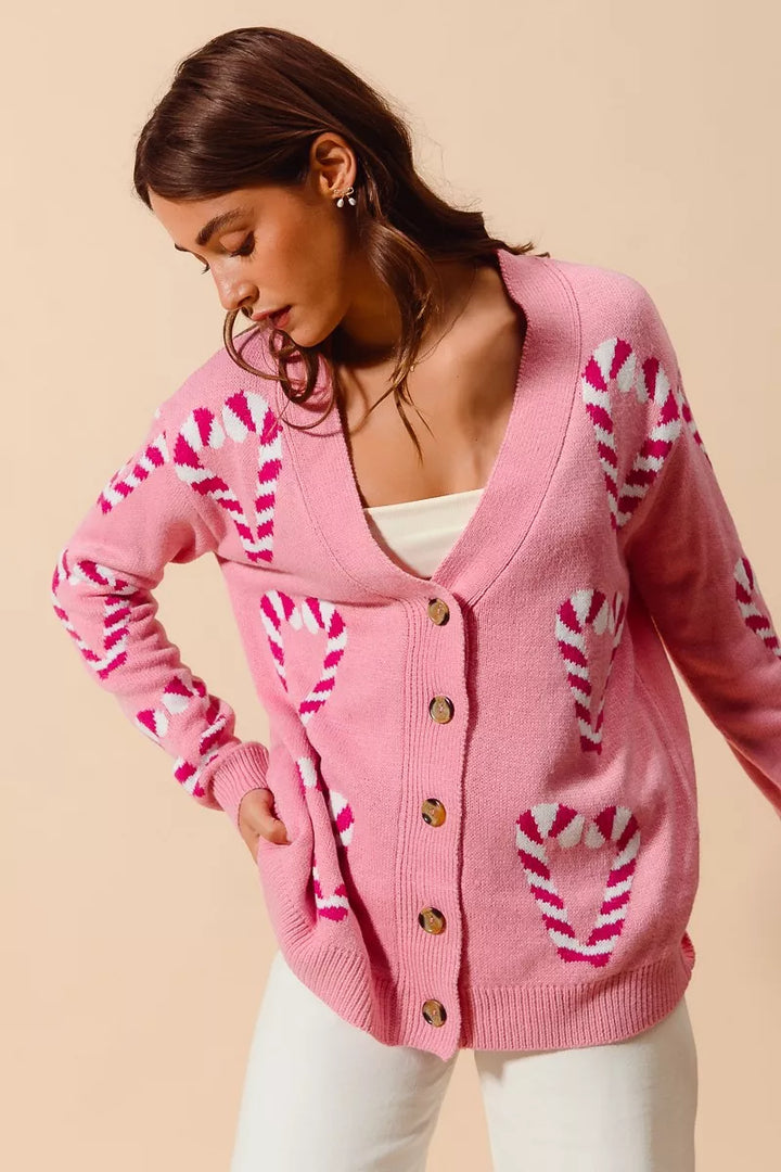 Pink So Me Christmas Candy Cane Button Front Sweater Cardigan