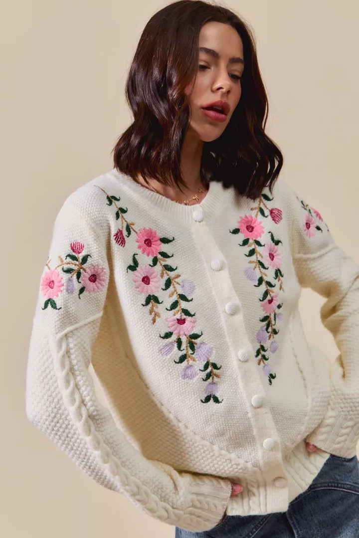Ivory So Me Floral Embroidered Coquette Sweater Cardigan