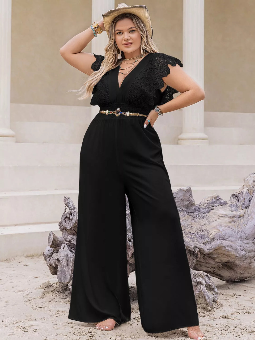Black Plus Size Lace Cap Sleeve Wide Leg Jumpsuit