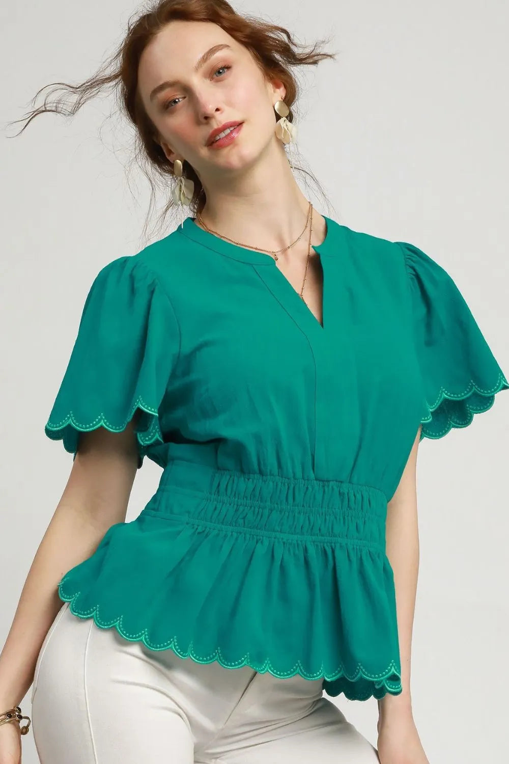 Turquoise Umgee Scalloped Edge Flutter Sleeve Blouse