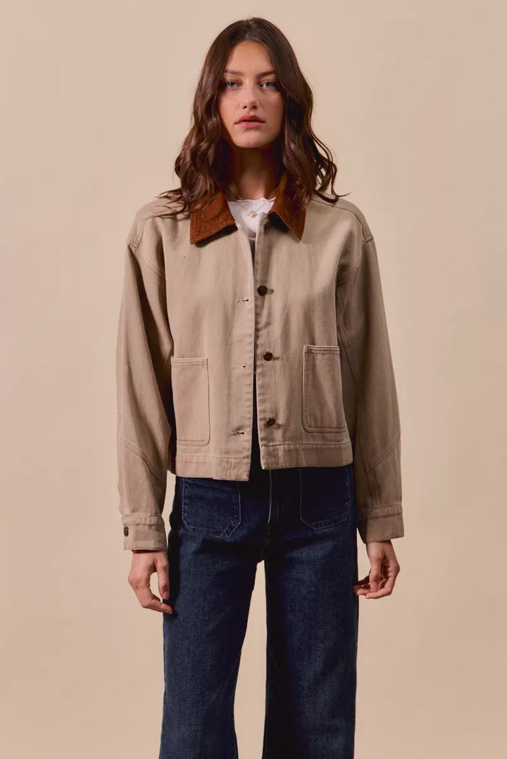 So Me Cotton Twill Cropped Barn Jacket Wtih Collar