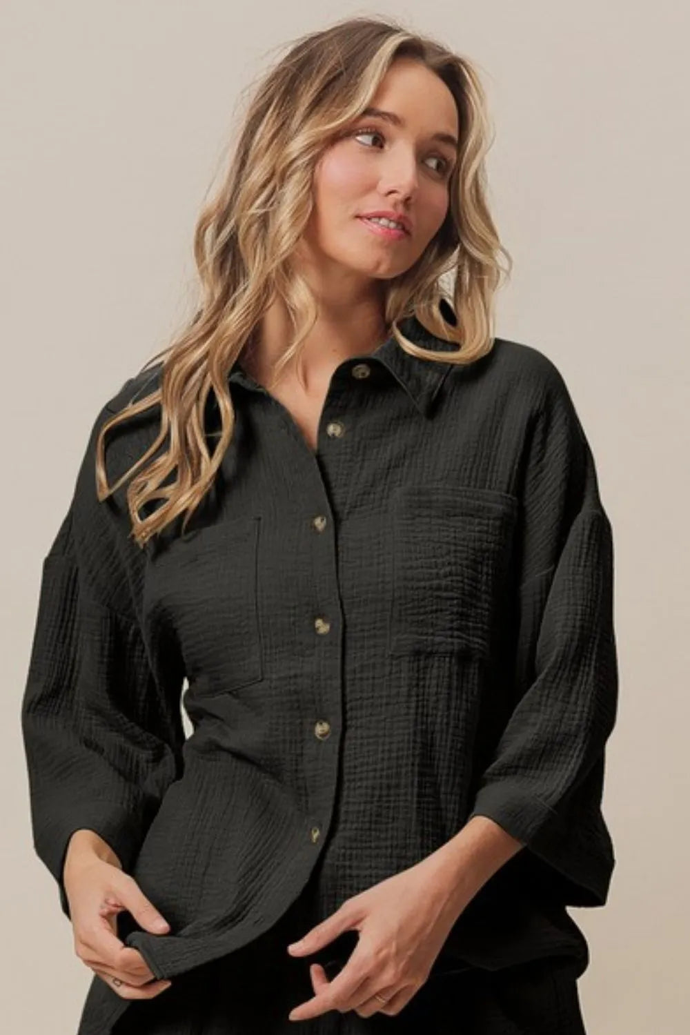 Black Bibi Crinkle Gauze Shirt And Short Set 1