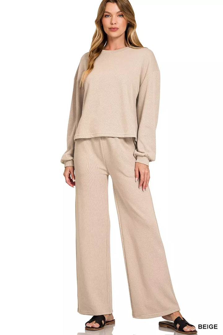 Beige Zenana French Rib Pullover And Pants Set 1