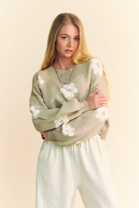 Davi Dani Floral Drop Shoulder Cropped Sweater