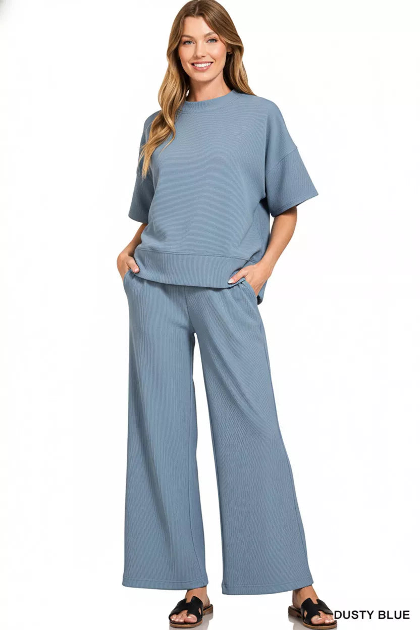 Dusty Blue Zenana Ribbed Round Neck Tee Pants Set 2