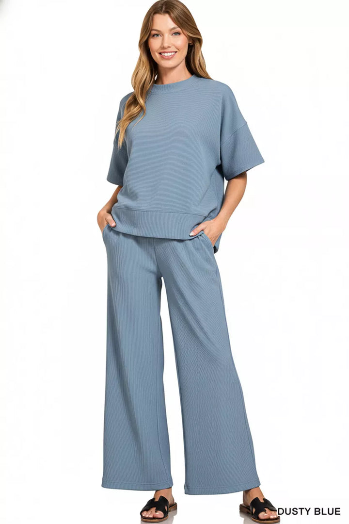 Dusty Blue Zenana Ribbed Round Neck Tee Pants Set 2