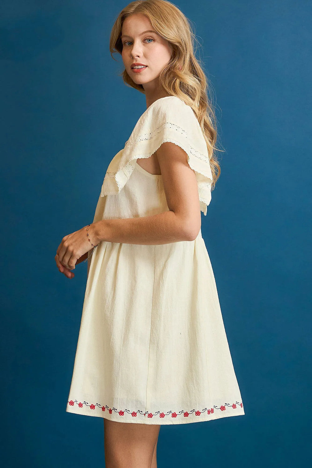 Ivory Umgee Embroidered Floral Flutter Sleeve Mini Dress