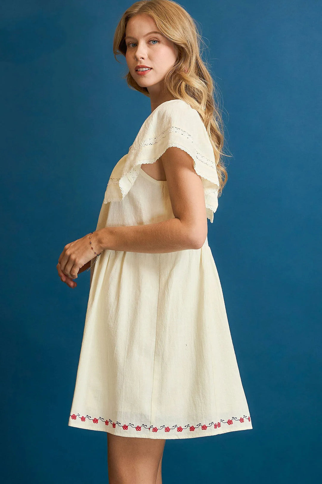 Ivory Umgee Embroidered Floral Flutter Sleeve Mini Dress