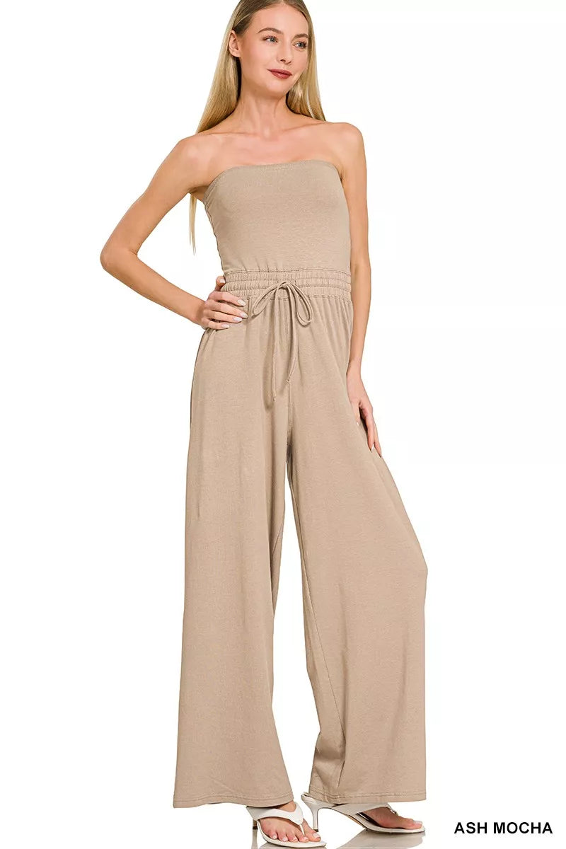 Ash Mocha Zenana Tube Top Jumpsuit With Drawstring Waist 4