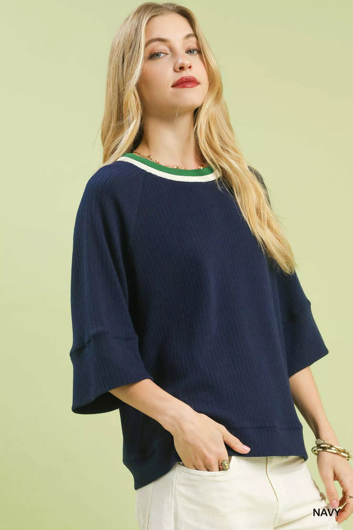 Navy Umgee Ribbed Knit Top With Contrast Trim 1