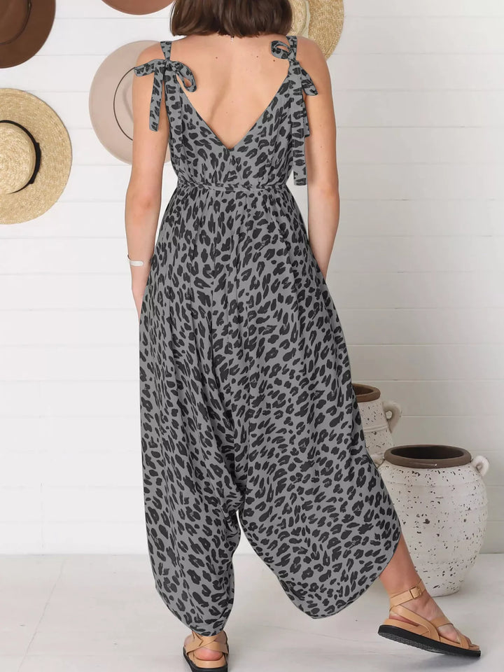 Yellow Full Size Leopard Print V Neck Wide Leg Jumpsuit Plus Size
