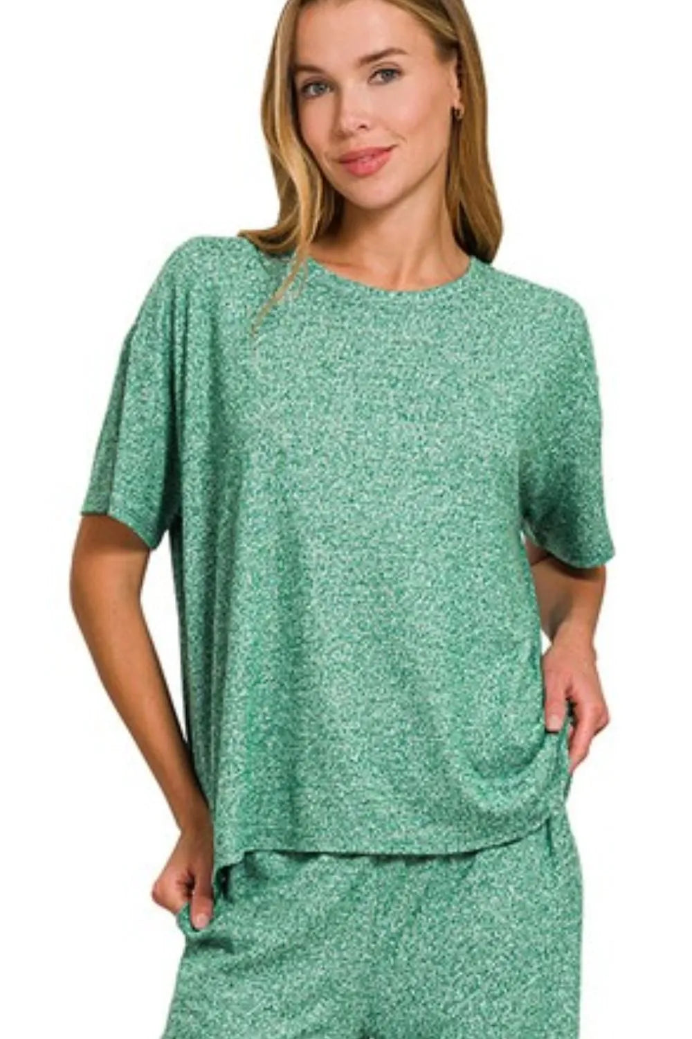 Dk Green Zenana Soft Melange Short Sleeve Tee Long Pants Set 1