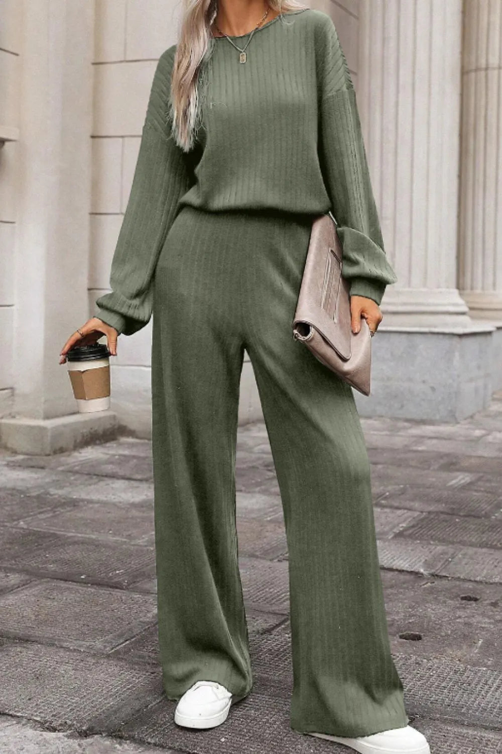Sage Round Neck Long Sleeve Jumpsuit