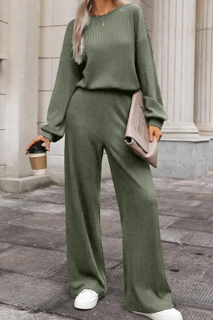 Sage Round Neck Long Sleeve Jumpsuit