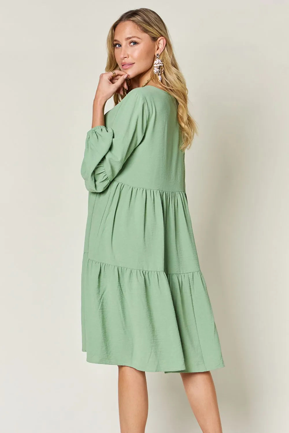 Light Green Double Take Full Size V Neck Balloon Sleeve Tiered Dress With Pockets