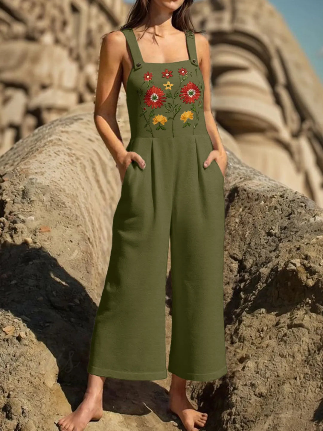 Dark Gray Floral Embroidered Wide Leg Jumpsuit