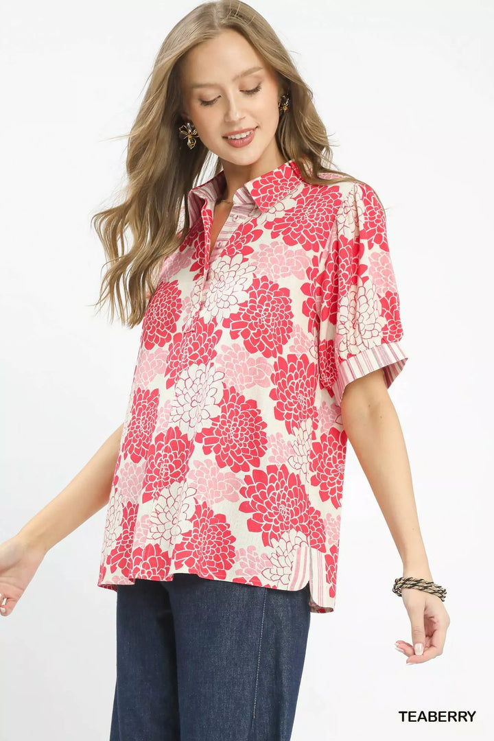 Teaberry Umgee Floral Collared Short Sleeve Blouse