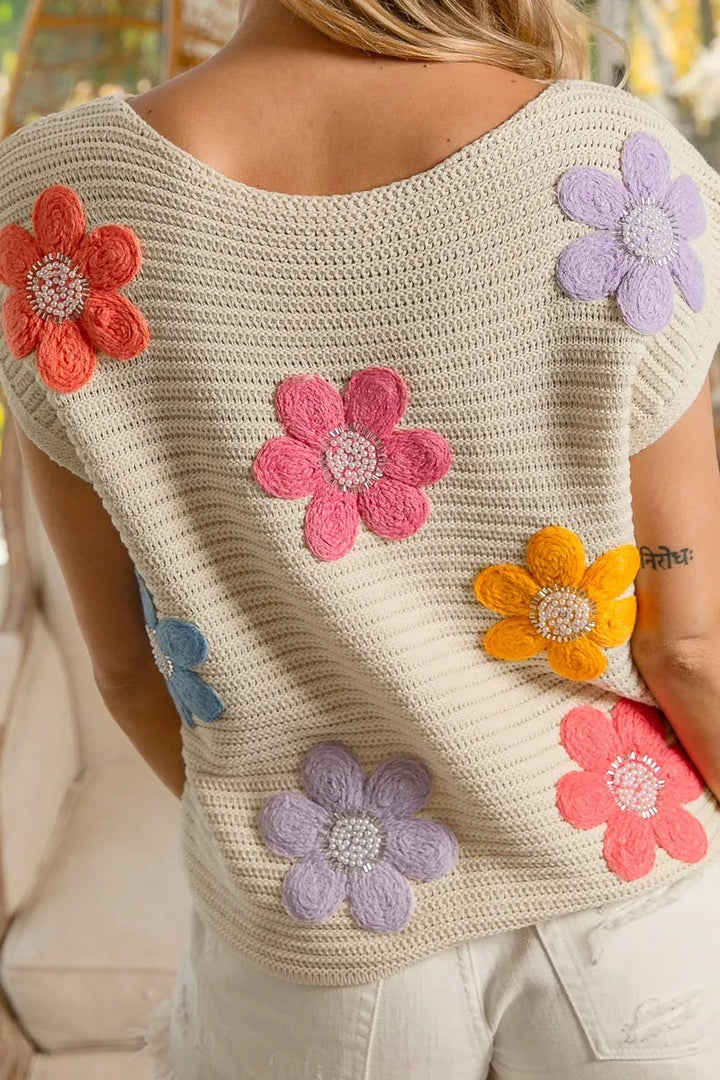 Bibi Multi Jeweled Crochet Flower Patch Sweater Vest