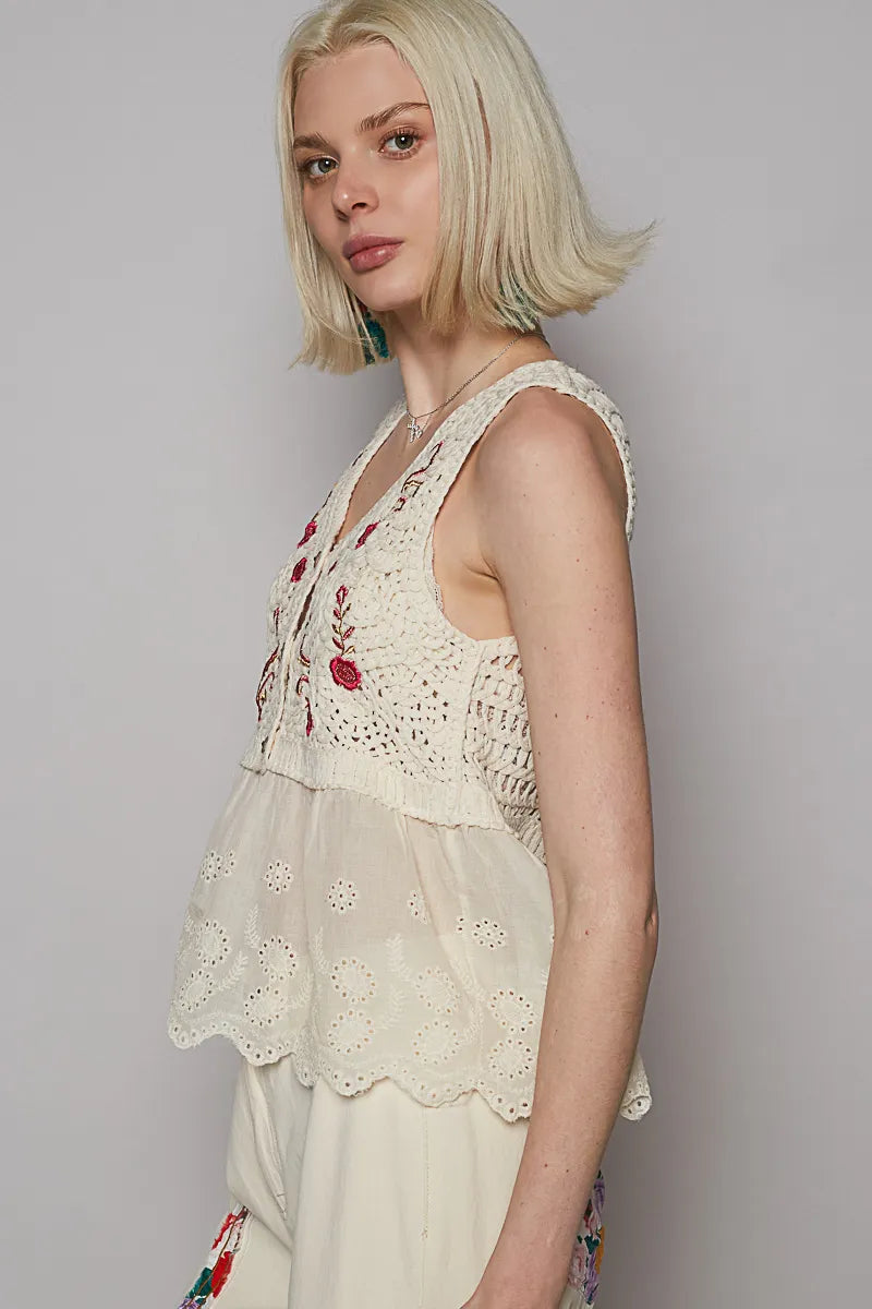 Pol Embroidered Detail V Neck Eyelet Peplum Tank
