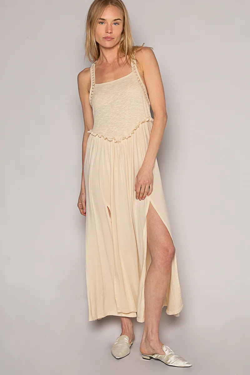 Cream Pol Frill Slit Square Neck Cami Dress
