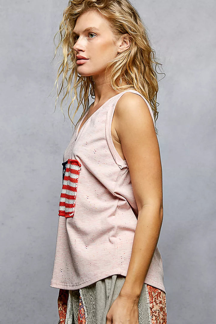 Soft Pink Pol V Neck Ribbed Tank With American Flag Patch And Star Back Patch