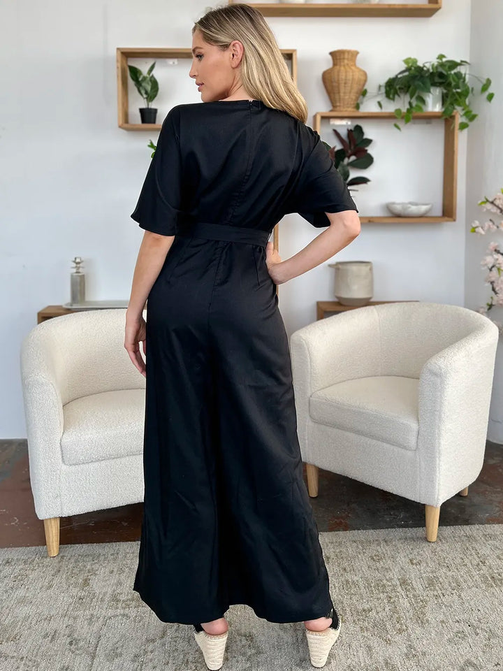 Double Take Full Size V Neck Tied Side Slit Jumpsuit