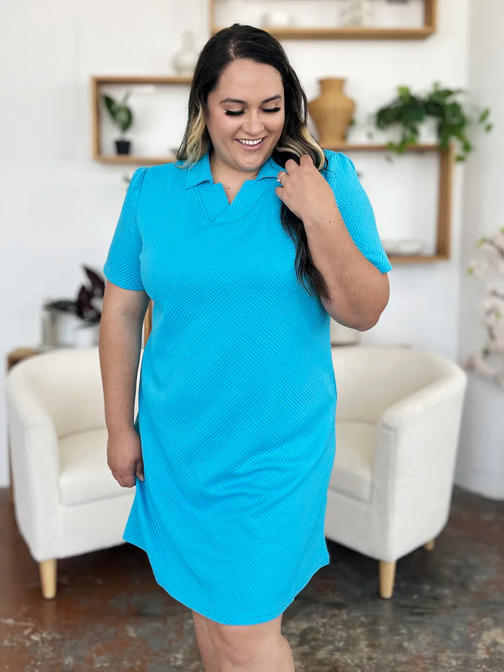 Sky Blue Double Take Full Size Texture Collared Neck Short Sleeve Dress 1