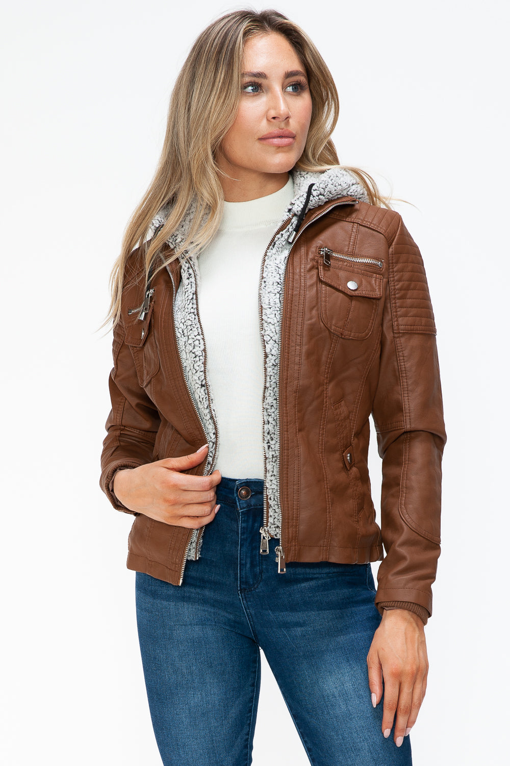 Ymi Removable Faux Layered Multi Pocket Jacket With Fuzzy Hood 2