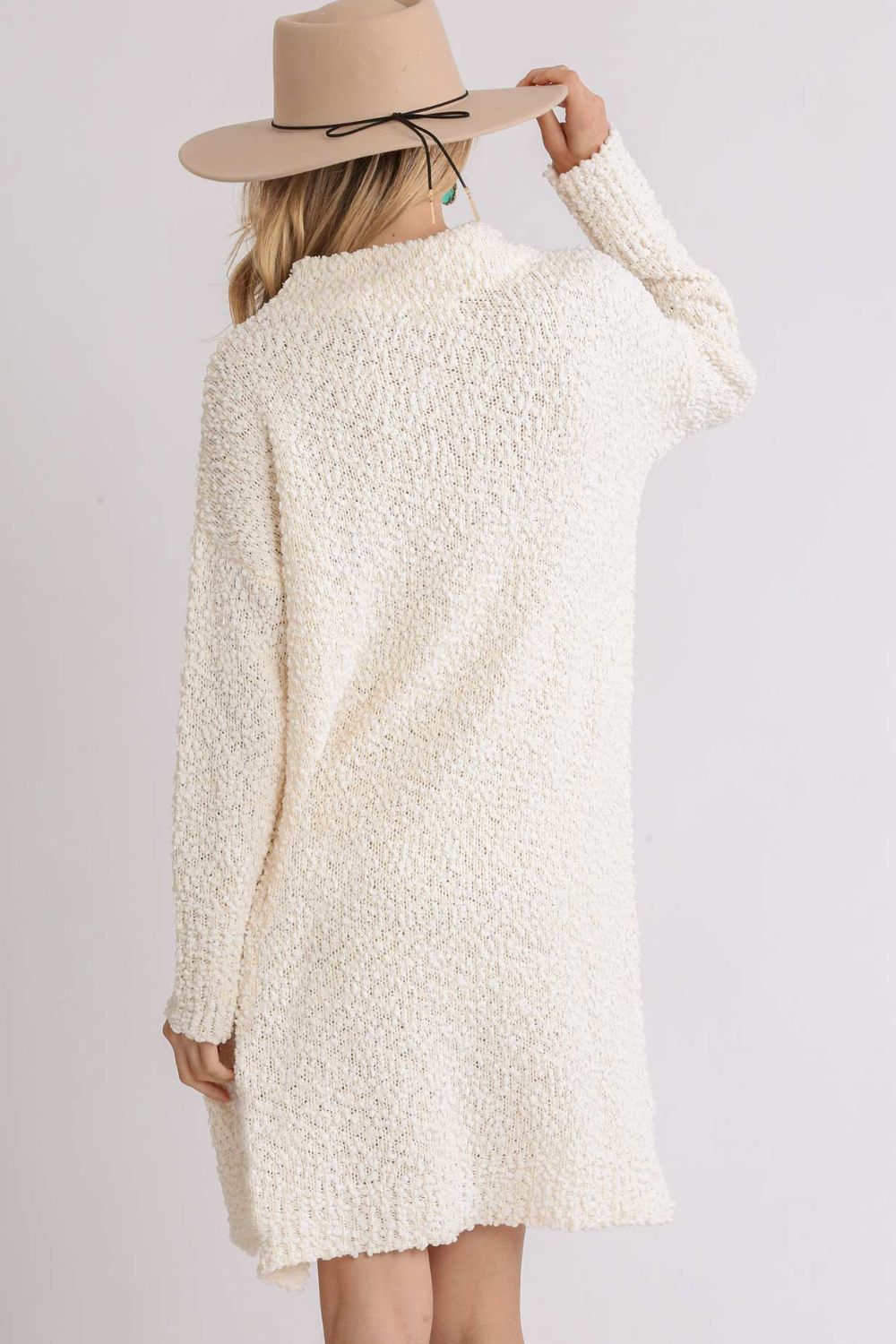 Cream Umgee Full Size High Low Long Sleeve Boucle Sweater Dress Plus Size
