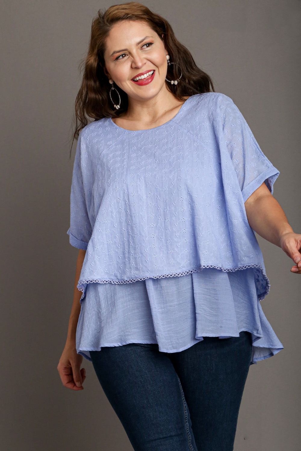 Light Blue Umgee Full Size Eyelet Layered Short Sleeve Blouse Plus Size